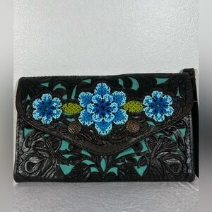 Women's Black Leather Wallet with Turquoise and Blue Beaded Floral Accent